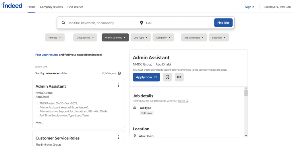 Indeed UAE homepage with job
